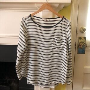 Ann Taylor LOFT Tab Sleeve Pocket Top Striped Blouse Black - Sz Large Petite